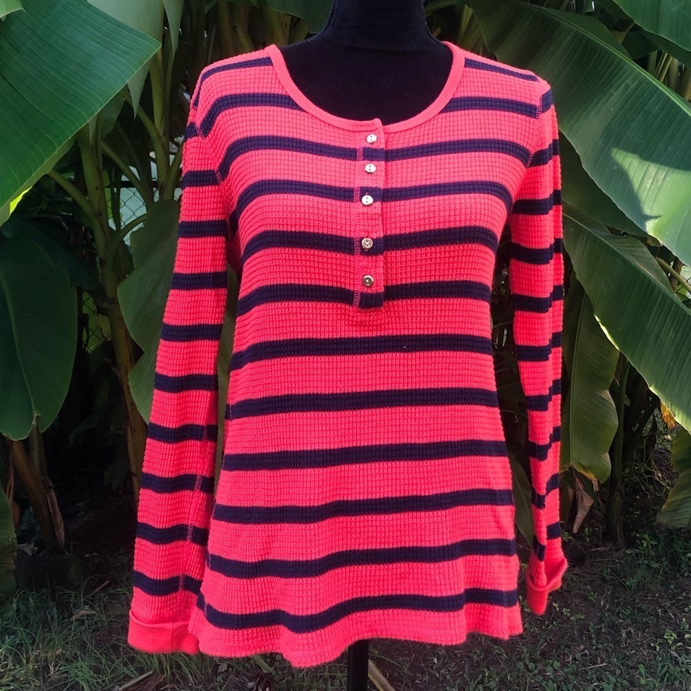 J. Crew Orange & Navy Striped Long Sleeve Cotton Thermal Henley Shirt